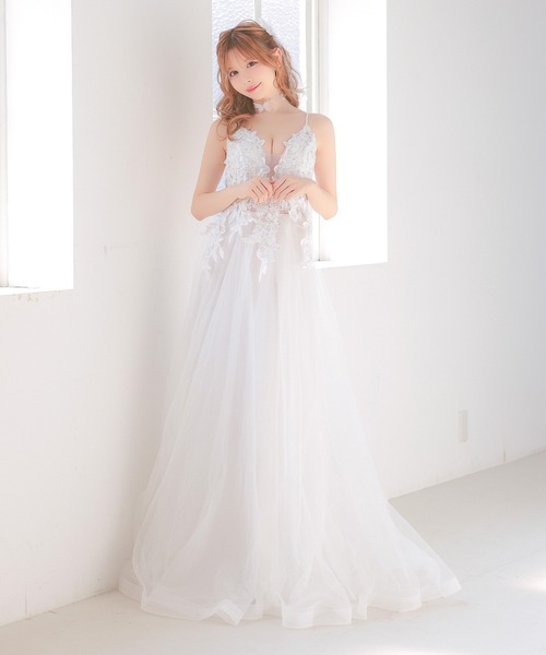 Tika（ティカ）の「[CLOSED] キャバドレス ロング フレア ノースリーブ キャミソール 立体フラワー刺繍 ビジュー バストシースルー 谷間魅せ ボリュームチュール  Aラインドレス（ドレス・レディース・ホワイト/グレー・XXXL/S/M/L/XL/XS/XXL）」の6枚目の写真