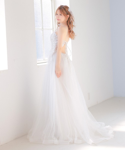 Tika（ティカ）の「[CLOSED] キャバドレス ロング フレア ノースリーブ キャミソール 立体フラワー刺繍 ビジュー バストシースルー 谷間魅せ ボリュームチュール  Aラインドレス（ドレス・レディース・ホワイト/グレー・XXXL/S/M/L/XL/XS/XXL）」の7枚目の写真