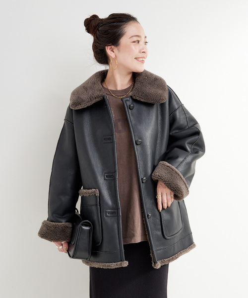 B.C STOCK（ベーセーストック）の「リバーシブルムートンライクコート（ムートンコート・レディース・ブラック/ブラウン・FREE）」の6枚目の写真