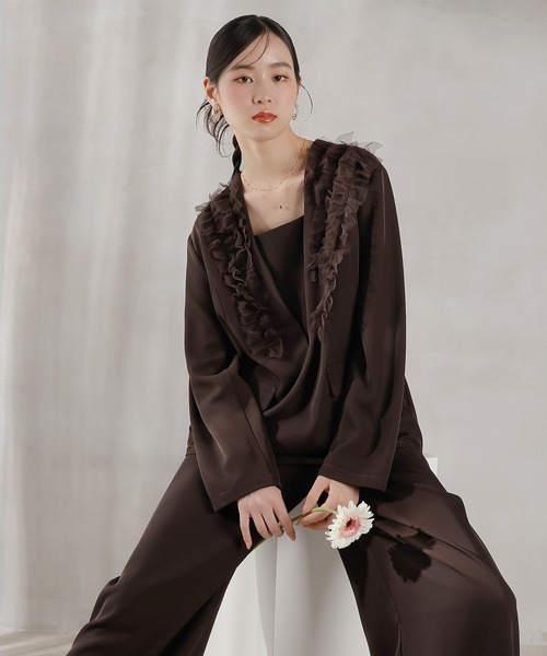 Kana（カナ）の「チュールフリル ジャケット ワイドパンツ 2点セット パーティー ドレス 結婚式 お呼ばれ オケージョン（パンツドレス・レディース・ブラック/ブルー/ブラウン・M/S）」の2枚目の写真