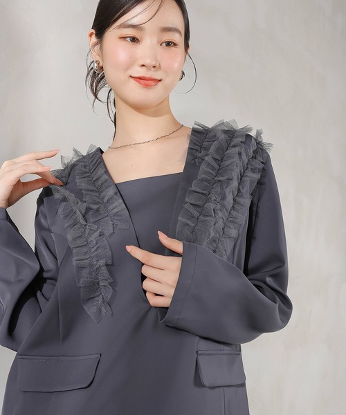 Kana（カナ）の「チュールフリル ジャケット ワイドパンツ 2点セット パーティー ドレス 結婚式 お呼ばれ オケージョン（パンツドレス・レディース・ブラック/ブルー/ブラウン・M/S）」の3枚目の写真