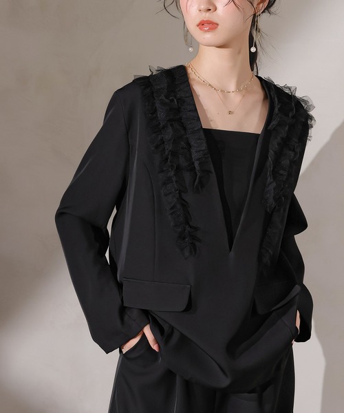 チュールフリル ジャケット ワイドパンツ 2点セット パーティー ドレス