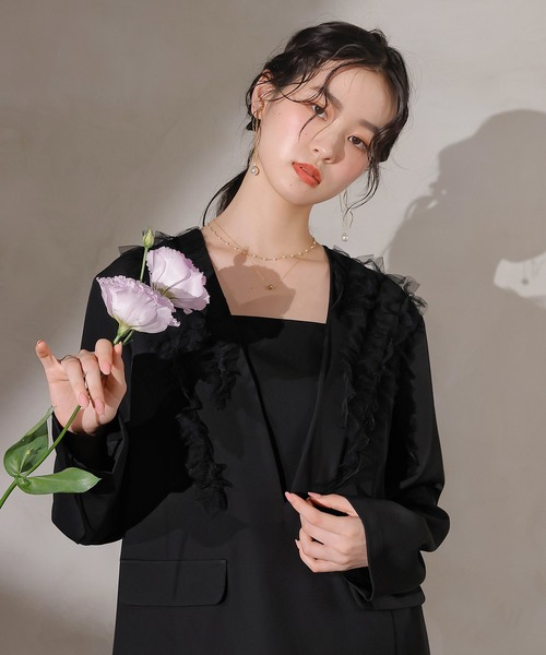 Kana（カナ）の「チュールフリル ジャケット ワイドパンツ 2点セット パーティー ドレス 結婚式 お呼ばれ オケージョン（パンツドレス・レディース・ブラック/ブルー/ブラウン・M/S）」の4枚目の写真