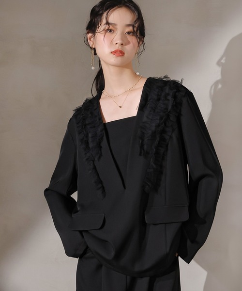 Kana（カナ）の「チュールフリル ジャケット ワイドパンツ 2点セット パーティー ドレス 結婚式 お呼ばれ オケージョン（パンツドレス・レディース・ブラック/ブルー/ブラウン・M/S）」の5枚目の写真