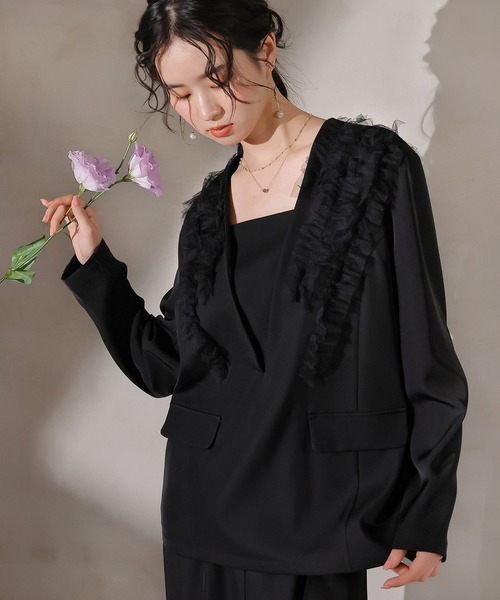 Kana（カナ）の「チュールフリル ジャケット ワイドパンツ 2点セット パーティー ドレス 結婚式 お呼ばれ オケージョン（パンツドレス・レディース・ブラック/ブルー/ブラウン・M/S）」の6枚目の写真