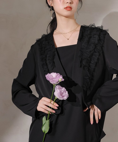 Kana（カナ）の「チュールフリル ジャケット ワイドパンツ 2点セット パーティー ドレス 結婚式 お呼ばれ オケージョン（パンツドレス・レディース・ブラック/ブルー/ブラウン・M/S）」の7枚目の写真