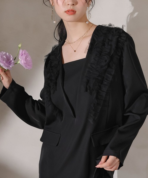 Kana（カナ）の「チュールフリル ジャケット ワイドパンツ 2点セット パーティー ドレス 結婚式 お呼ばれ オケージョン（パンツドレス・レディース・ブラック/ブルー/ブラウン・M/S）」の8枚目の写真