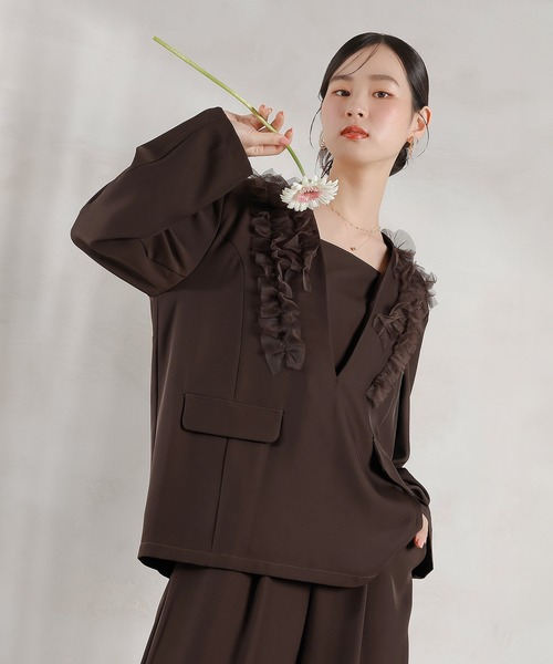 チュールフリル ジャケット ワイドパンツ 2点セット パーティー ドレス