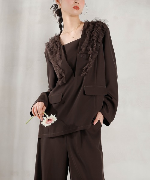 Kana（カナ）の「チュールフリル ジャケット ワイドパンツ 2点セット パーティー ドレス 結婚式 お呼ばれ オケージョン（パンツドレス・レディース・ブラック/ブルー/ブラウン・M/S）」の13枚目の写真