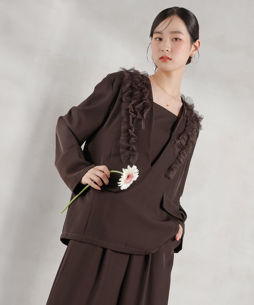 チュールフリル ジャケット ワイドパンツ 2点セット パーティー ドレス チュールフリル ジャケット ワイドパンツ 2点セット パーティー ドレス