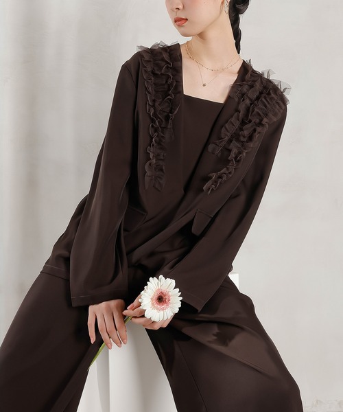 Kana（カナ）の「チュールフリル ジャケット ワイドパンツ 2点セット パーティー ドレス 結婚式 お呼ばれ オケージョン（パンツドレス・レディース・ブラック/ブルー/ブラウン・M/S）」の18枚目の写真