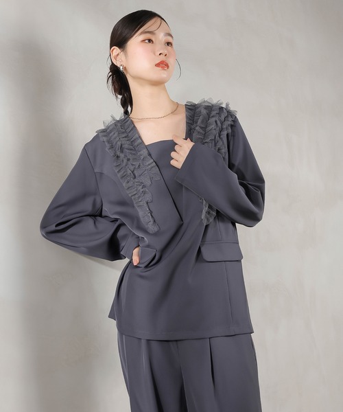 Kana(カナ)の「チュールフリル ジャケット ワイドパンツ 2点セット パーティー ドレス 結婚式 お呼ばれ オケージョン(パンツドレス・レディース・ブラック/ブルー/ブラウン/チャコールグレー・M/S)」の21枚目の写真