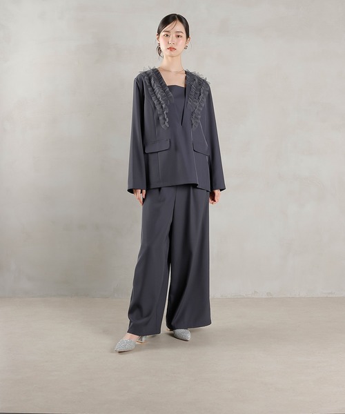 チュールフリル ジャケット ワイドパンツ 2点セット パーティー ドレス