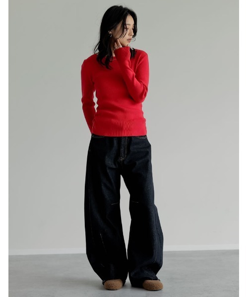 Re:EDIT（リエディ）の「[2025AW COLLECTION][保湿][静電気防止]クルーネックサイドシャーリングリブニットトップス（ニット/セーター・レディース・ブラック/アイボリー/グレイッシュベージュ/チャコールグレー/ブルー/ブラウン/レッド/ラベンダー・MEDIUM/LARGE）」の20枚目の写真