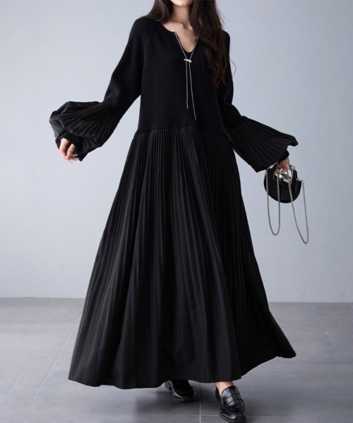 セール】異素材プリーツ切替ニットワンピース（ワンピース）｜ONEP