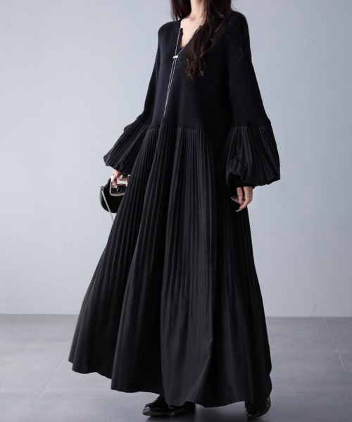 セール】異素材プリーツ切替ニットワンピース（ワンピース）｜ONEP