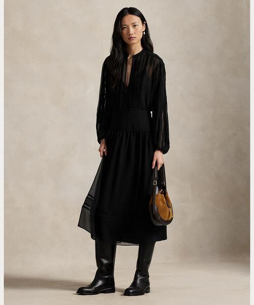 POLO RALPH LAUREN（ポロ ラルフ ローレン）の「レーストリム ジョーゼット ドレス（ワンピース・レディース・ブラック系1・8/6/4/2/00/0）」の6枚目の写真