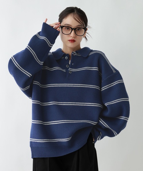 RAGEBLUE(レイジブルー)の「LINE DESIGN KNIT POLO / リラックスフィット/ラインニットポロ(ニット/セーター・メンズ・ブラック/ホワイト/ブラウン/ネイビー/ブルー系その他・MEDIUM/LARGE)」の5枚目の写真