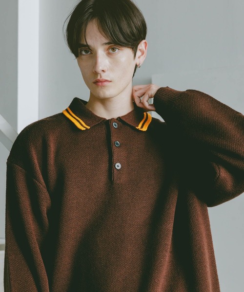 RAGEBLUE(レイジブルー)の「LINE DESIGN KNIT POLO / リラックスフィット/ラインニットポロ(ニット/セーター・メンズ・ブラック/ホワイト/ブラウン/ネイビー/ブルー系その他・MEDIUM/LARGE)」の3枚目の写真