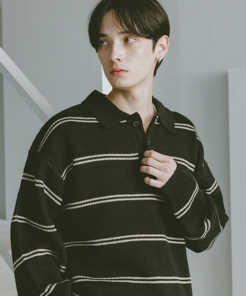 RAGEBLUE(レイジブルー)の「LINE DESIGN KNIT POLO / リラックスフィット/ラインニットポロ(ニット/セーター・メンズ・ブラック/ホワイト/ブラウン/ネイビー/ブルー系その他・MEDIUM/LARGE)」の2枚目の写真