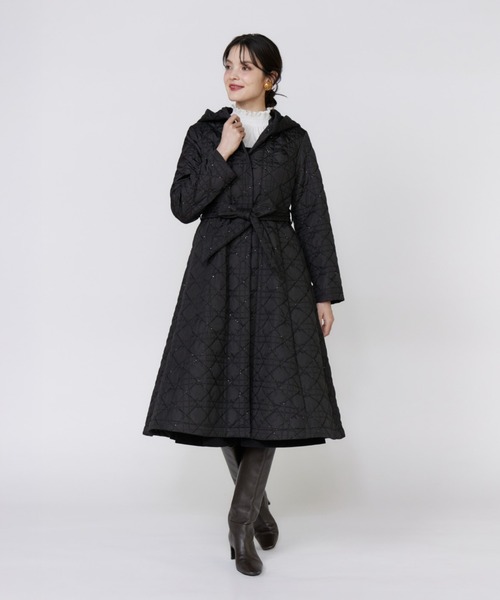 アイルランド製 ストライプ柄 手織り リボンタイ付き ケープコート S648b セール】《M Maglie le cassetto》幾何学キルティングフーディコート