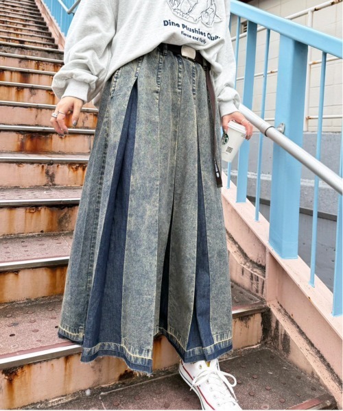 セール】ケミカルオーバーダイデニムプリーツスカート（デニムスカート