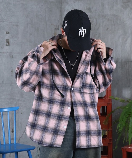 ILL'S（イルズ）の「AW オンブレチェックシャツ フーディ メンズ レディース ユニセックス 【ILL'S】（シャツ/ブラウス・メンズ・ブラック/ピンク/ホワイト・M/L）」の3枚目の写真