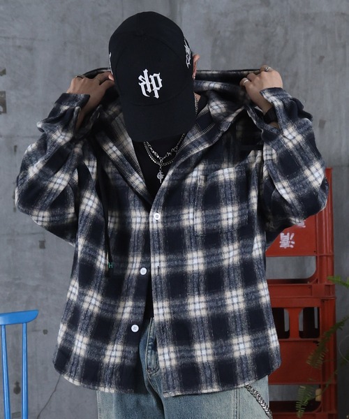 ILL'S（イルズ）の「AW オンブレチェックシャツ フーディ メンズ レディース ユニセックス 【ILL'S】（シャツ/ブラウス・メンズ・ブラック/ピンク/ホワイト・M/L）」の7枚目の写真