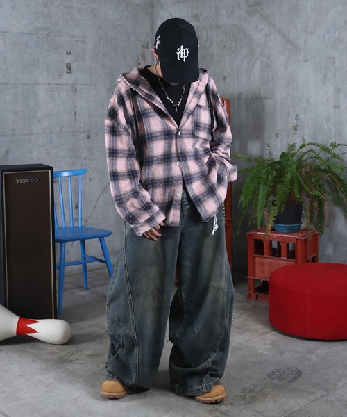 ILL'S（イルズ）の「AW オンブレチェックシャツ フーディ メンズ レディース ユニセックス 【ILL'S】（シャツ/ブラウス・メンズ・ブラック/ピンク/ホワイト・M/L）」の4枚目の写真