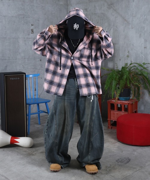 ILL'S（イルズ）の「AW オンブレチェックシャツ フーディ メンズ レディース ユニセックス 【ILL'S】（シャツ/ブラウス・メンズ・ブラック/ピンク/ホワイト・M/L）」の12枚目の写真