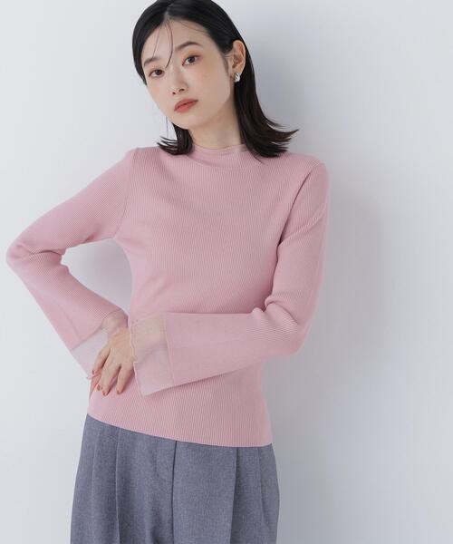 NATURAL BEAUTY BASIC(ナチュラルビューティーベーシック)の「◇シアーフレアカフスリブニット(ニット/セーター・レディース・ピンク/ライトグリーン/オフホワイト/ブラック・FREE)」の1枚目の写真