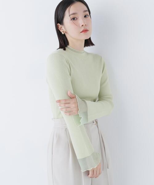 NATURAL BEAUTY BASIC(ナチュラルビューティーベーシック)の「◇シアーフレアカフスリブニット(ニット/セーター・レディース・ピンク/ライトグリーン/オフホワイト/ブラック・FREE)」の4枚目の写真