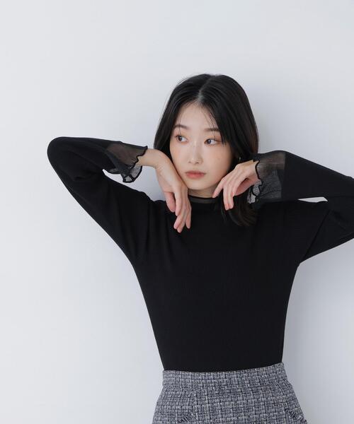 NATURAL BEAUTY BASIC(ナチュラルビューティーベーシック)の「◇シアーフレアカフスリブニット(ニット/セーター・レディース・ピンク/ライトグリーン/オフホワイト/ブラック・FREE)」の3枚目の写真