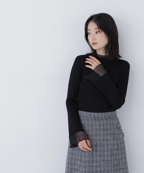 NATURAL BEAUTY BASIC（ナチュラルビューティーベーシック）の「◇シアーフレアカフスリブニット（ニット/セーター・レディース・ピンク/ライトグリーン/オフホワイト/ブラック・FREE）」の7枚目の写真