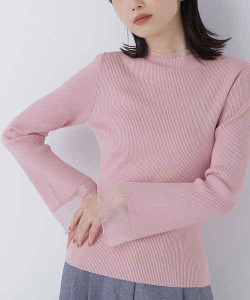 NATURAL BEAUTY BASIC（ナチュラルビューティーベーシック）の「◇シアーフレアカフスリブニット（ニット/セーター・レディース・ピンク/ライトグリーン/オフホワイト/ブラック・FREE）」の4枚目の写真