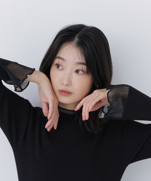 黒の長袖ニット ストライプカフス ◇シアーフレアカフスリブニット（ニット/セーター）｜NATURAL BEAUTY