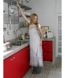 Slip Check Frill Dress, Khaki Grey