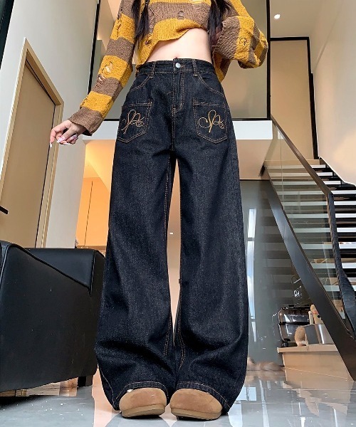 セール】羽刺繍ロゴデニムワイドパンツ（デニムパンツ）｜SHEENA