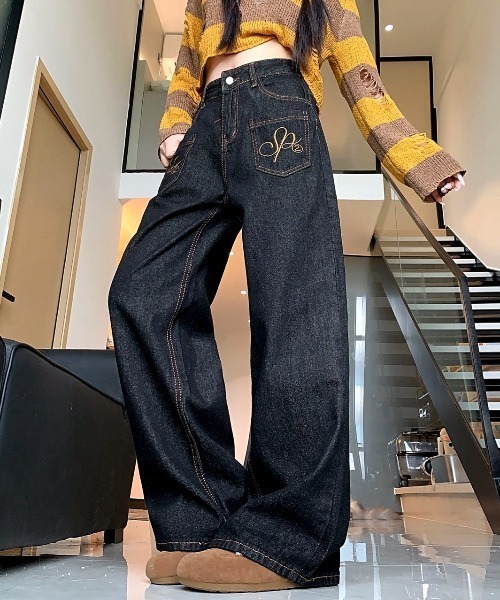 セール】羽刺繍ロゴデニムワイドパンツ（デニムパンツ）｜SHEENA