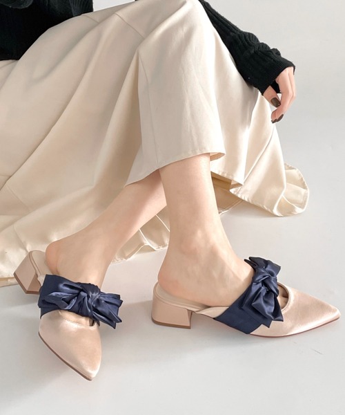 Shoes in Closet（シューズインクローゼット）の「軽量 ポインテッド ワイドヒール サテン リボン ミュール 2489（パンプス・レディース・ブラック/ライトベージュ/ピンク系その他・S/M/L/LL）」の11枚目の写真