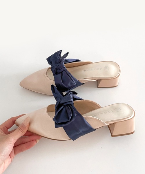 Shoes in Closet（シューズインクローゼット）の「軽量 ポインテッド ワイドヒール サテン リボン ミュール 2489（パンプス・レディース・ブラック/ライトベージュ/ピンク系その他・S/M/L/LL）」の13枚目の写真