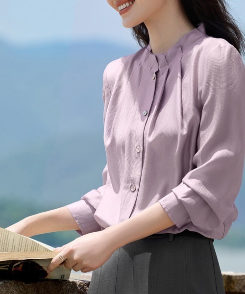 ONEP STAR(ワンピスター)の「スタンドカラーギャザーブラウス(シャツ/ブラウス・レディース・グレー/パープル・MEDIUM/LARGE/X-LARGE)」の1枚目の写真