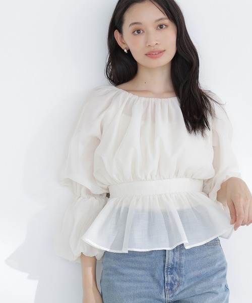 NATURAL BEAUTY BASIC（ナチュラルビューティーベーシック）の「◇シアーギャザーペプラムブラウス（シャツ/ブラウス・レディース・ブラック系その他/ピンク/オフホワイト/チャコールグレー・SMALL/MEDIUM）」の15枚目の写真