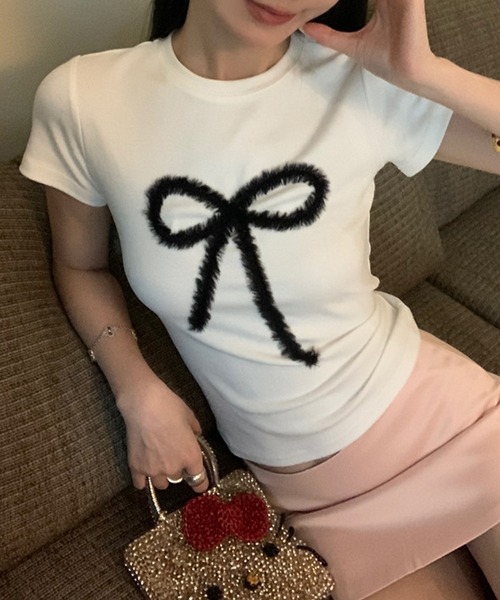 c.u.l(シーユーエル)の「リボンプリント コンパクト Tシャツ カットソー culw897(Tシャツ/カットソー・レディース・ブラック/ホワイト・S/M)」の6枚目の写真
