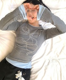 胸リボン柄 フェイクレイヤードデザイン ロングスリーブTシャツ