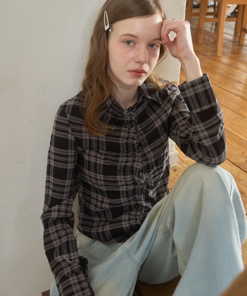 Birthday room（バースデイルーム）の「チェックギャザーシャツ/check gather shirt（シャツ/ブラウス・レディース・ブラック/ネイビー・FREE）」の2枚目の写真