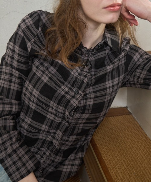 Birthday room（バースデイルーム）の「チェックギャザーシャツ/check gather shirt（シャツ/ブラウス・レディース・ブラック/ネイビー・FREE）」の4枚目の写真