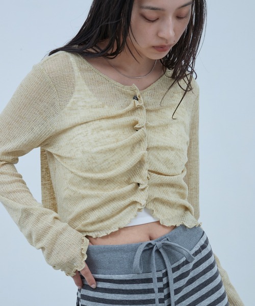 OFROOM(オフルーム)の「Sheer Gathered Cardigan|シアーギャザーカーディガン(カーディガン/ボレロ・レディース・チャコール/アイボリー/ブラック/イエロー・FREE)」の4枚目の写真