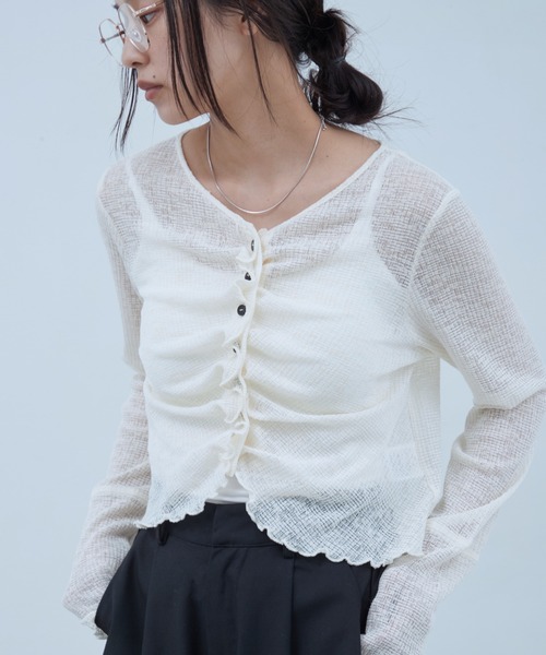 OFROOM(オフルーム)の「Sheer Gathered Cardigan|シアーギャザーカーディガン(カーディガン/ボレロ・レディース・チャコール/アイボリー/ブラック/イエロー・FREE)」の2枚目の写真