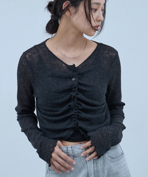 セール】Sheer Gathered Cardigan｜シアーギャザーカーディガン